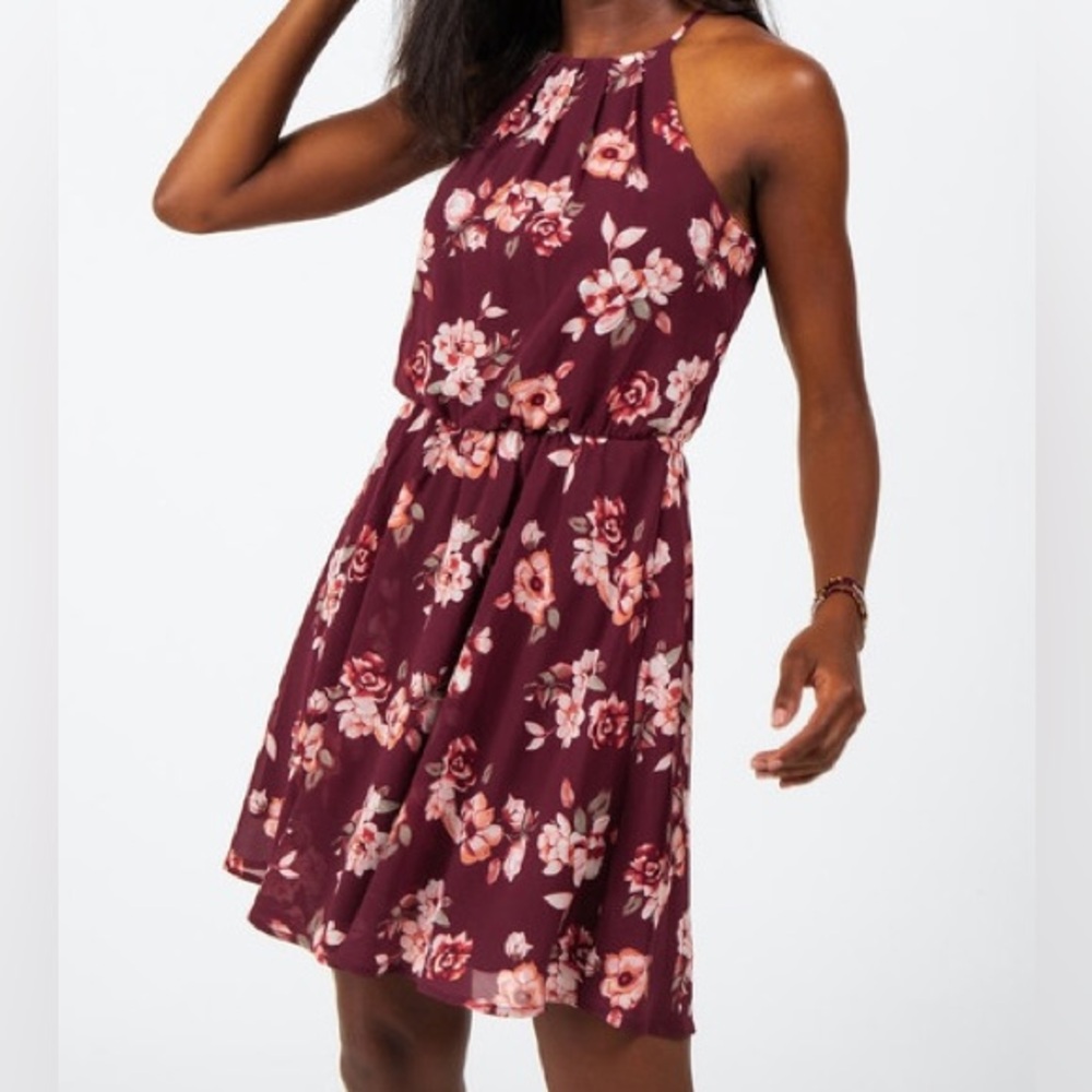 XS Blue Rain/Francescas burgundy and pink floral high-neck dress